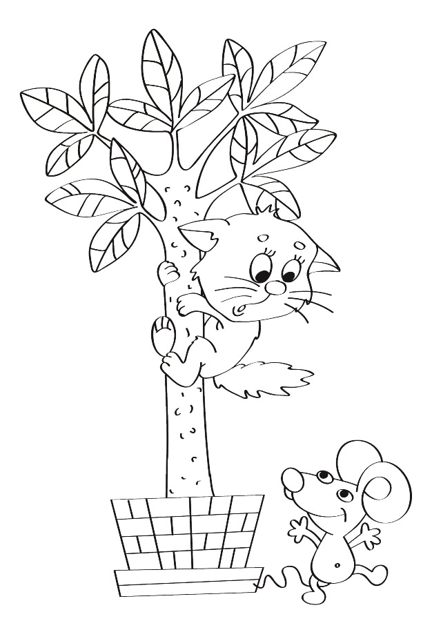 Детский рисунок для выжигания Кот и мышь
