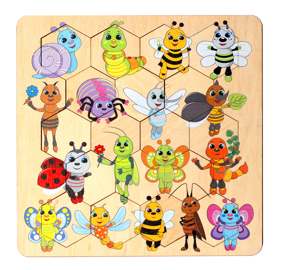 Деревянные развивающие пазлы для малышей Занимательные соты. Букашки